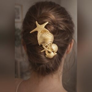 Gold Starfish & Seashell Hair Clip | Beachy Alloy Barrette